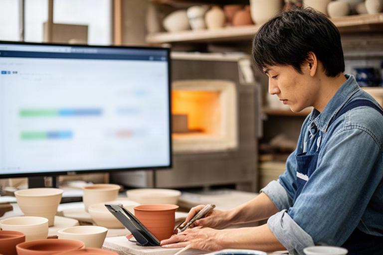 有田焼工房で職人が生産計画ダッシュボードを確認する様子