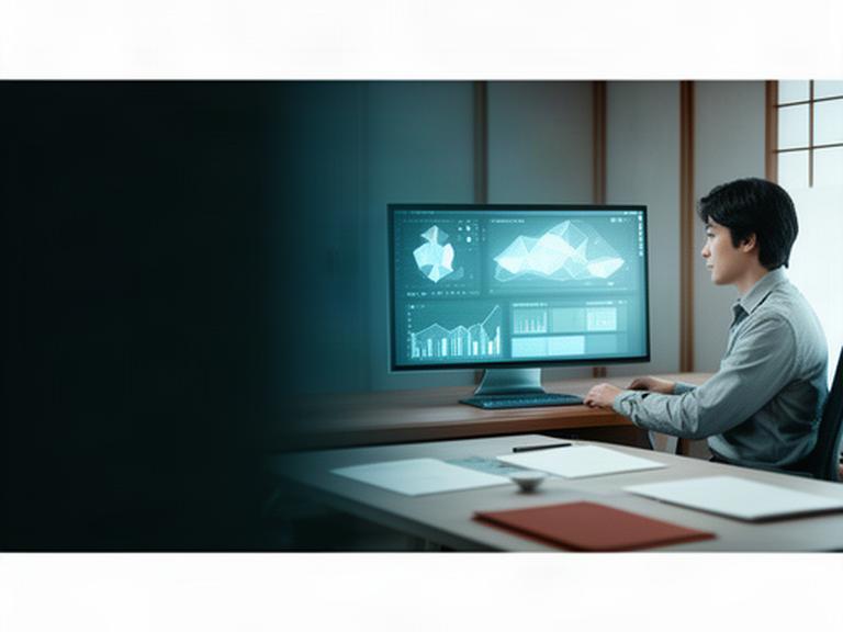 有田のオフィスでデータ画面を確認する分析担当者と相談テーブル