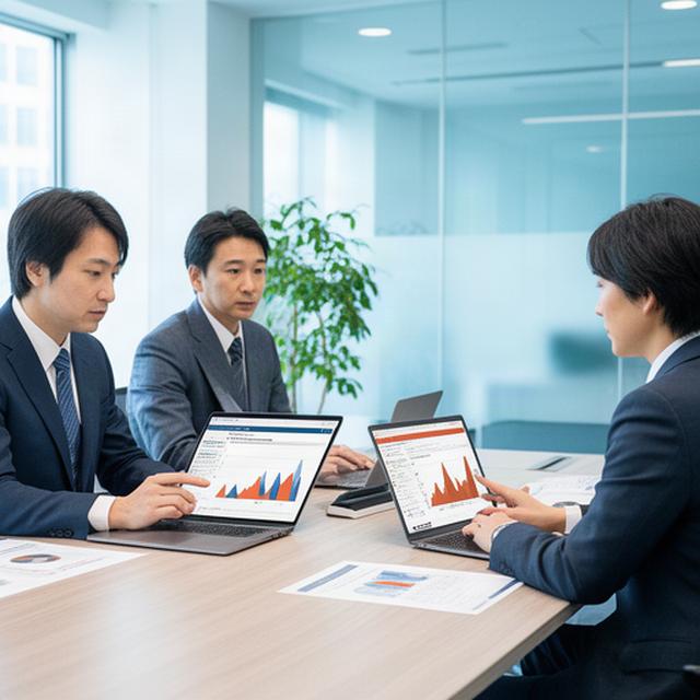 地域金融機関の会議室で信用データとリスク指標を確認する担当者