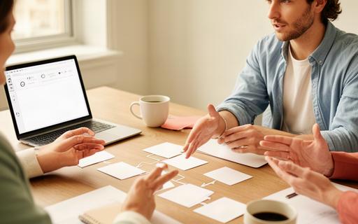 顧客との打ち合わせで業務フローを確認するコンサルタント