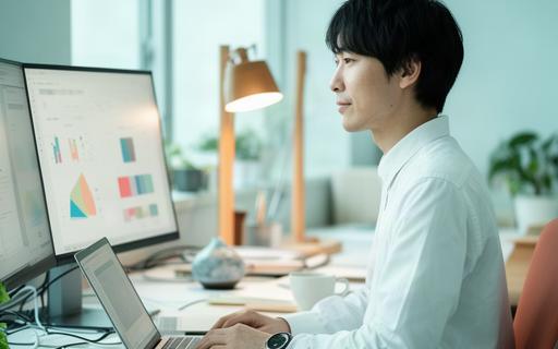 有田のオフィスでデータ分析を行うデータサイエンティスト